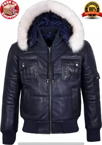 Giacca Con Cappuccio Uomo In Pelle Stile Bomber Navy VERA PELLE MORBIDA Pilot Six - Foto 1 di 6