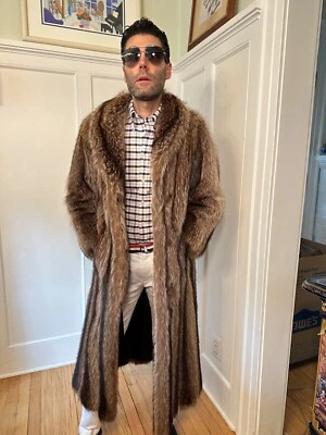 Real 46" Long Mens Silver-Tipped Raccoon Fur Jacket Size 36S X-Small Top Coat - Image 1 of 4