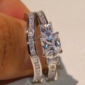 3ct Princess Cut Simulated Diamond Ring 14k White Gold Plated Trilogy Bridal Set - Picture 1 of 4