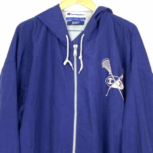 Champion Lacrosse Mesh Lined Jacket Spellout Blue Zip-Up Drawstring Hoodie L - Picture 1 of 12