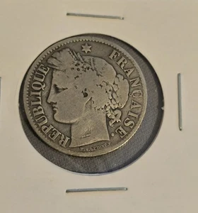1872 SILVER 2 Francs France, .835 SILVER, .2685 ASW, SCARCE! - Picture 1 of 2