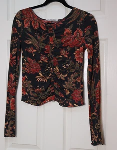 We The Free Floral Ruched Long Sleeve Top Black Red Size Small Free People - Picture 1 of 9