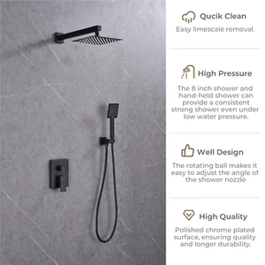 Shower Faucet Set Black 8" Square Head w/Handheld Shower Brass Rough-in Valve - Picture 1 of 6