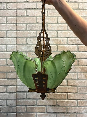 Vintage 1930s Moe Bridges Five Green Slip Shade Hanging Light Fixture Chandelier Cover