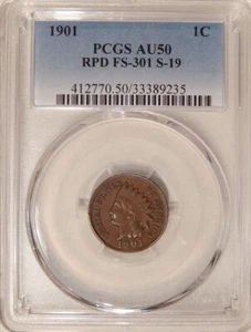 1901 Indian Cent, S-19 Rare Die Variety! RPD, PCGS AU50 - Picture 1 of 3