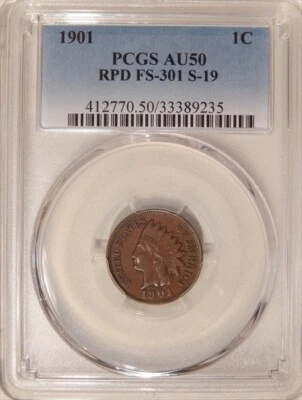 1901 Indian Cent, S-19 Rare Die Variety! RPD, PCGS AU50 - Image 1 of 3