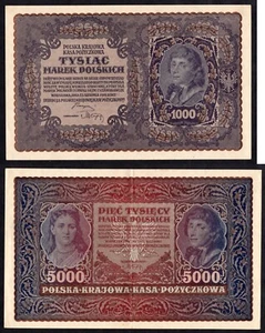 Poland Set 2 Banknotes 1000, 5000 Marek 1919-1920 * EF-Unc * - Picture 1 of 7