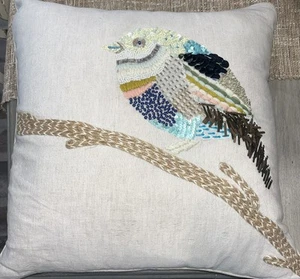 Pottery Barn Linen Embroidered Beads Sequins Bird PILLOW COVER 19” Zip Neutral - Picture 1 of 11