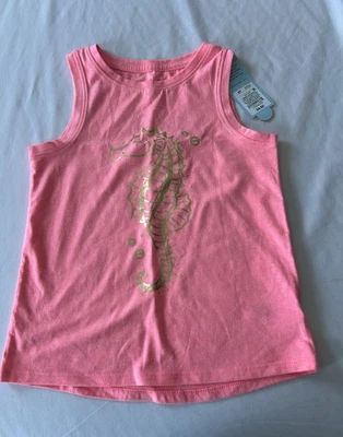 Girl Size 5T Coral Pink Tank Top W/ Gold Seahorse Design - Image 1 of 4