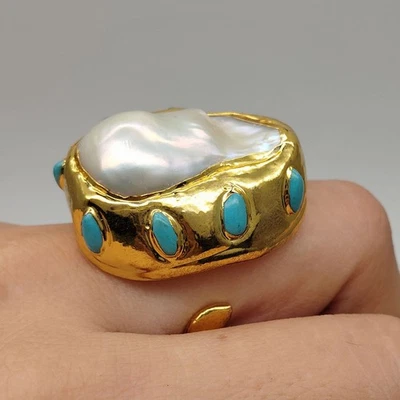 Anillos grandes barrocos de agua dulce con perlas azules turquesa joyería fiesta cóctel anillo Foto 1 de 4