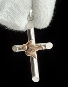 14K White Gold Cross Dove Pendant Religious Italy 1.5in Has 1 Dent On Back VTG - Picture 1 of 11