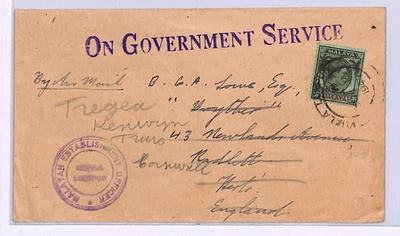 MALAYA BMA Oficial OGS Cubierta KGVI 50c Correo Aéreo Radlett Reenviado Cornwall WM21 Foto 1 de 4