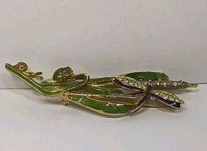 Vintage Rare Kirks Folly Green Enamel Cattail Fairy Dragonfly Brooch Frog Snail - Picture 1 of 12
