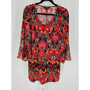MSK Women's Red Long Sleeve Round Neck Floral Knee Length Dress Size PL Boho - Picture 1 of 4