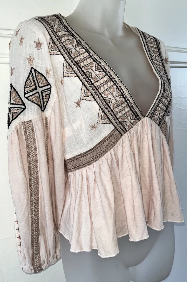 People Aria Embroidered Top Size L Natural Combo Suggested Retail