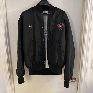 Mens Vtg Wayne, MI Fire Dept. Satin Bomber Jacket Sz XL Black Made in USA “Lee” - Picture 1 of 19