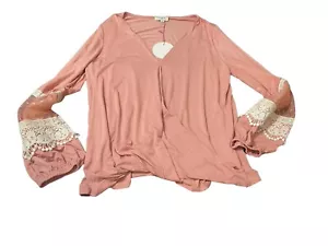 UNIQLO Damen Boho Wickeltop transparente Ärmeldetails mit Häkel in Altrosa - Bild 1 von 11