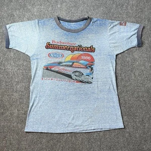 Vtg 1986 Budweiser Summer Nationals NHRA Drag Faded Ringer Tshirt Mens M 1980s - Picture 1 of 12
