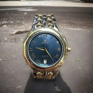 Cyma Men’s Solid 18K Gold Stainless Steel Watch 34mm Retail $3500+ Stunning Rare - Picture 1 of 21