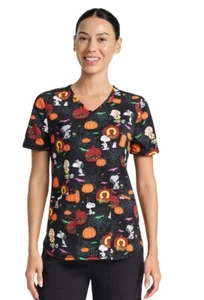 Peanuts Charlie Brown Spooky Snoopy Women’s V-Neck Print Scrub Top - Picture 1 of 4