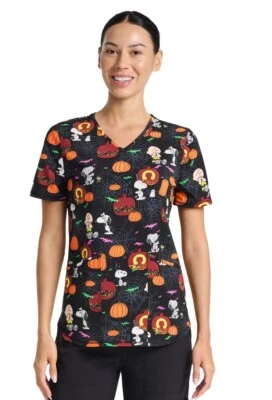 Peanuts Charlie Brown Spooky Snoopy Women’s V-Neck Print Scrub Top - Image 1 of 4
