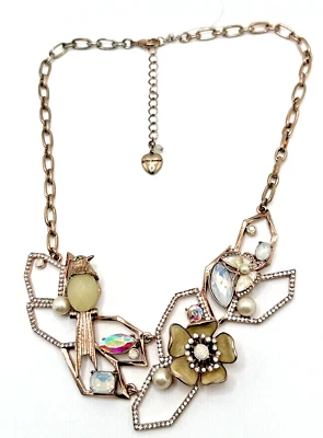Betsey Johnson BUZZ OFF Necklace Bird Butterfly & Flower Rhinestone Bib 18" -20" - Image 1 of 4