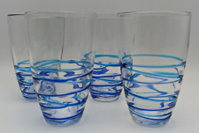 4 Mexican Hand Blown Tumblers Glasses With Applied Cobalt And Aqua Swirl Spiral