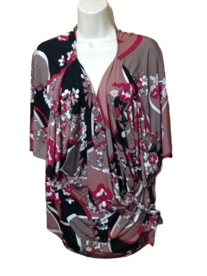 JLO Jennifer Lopez Sz 2X Asian Floral Sleeve Faux Wrap Blouse With Tie Brown Red - Image 1 of 4