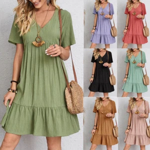 Womens Short Sleeve V Neck Mini Dress Ladies Pleated Ruffle Baggy Solid Dresses - Picture 1 of 17