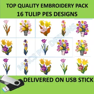 Flowers Tulips 16 PES designs Machine Embroidery files on USB STICK Machine - Picture 1 of 2