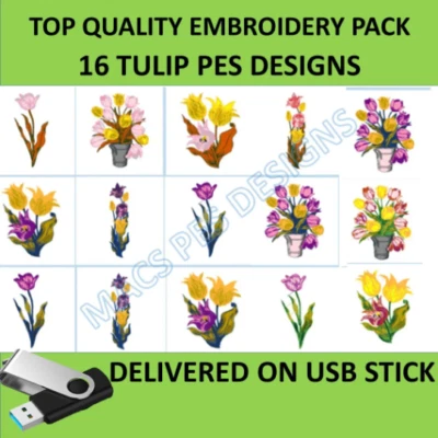 Flowers Tulips 16 PES designs Machine Embroidery files on USB STICK Machine - Image 1 of 2