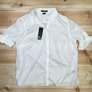 Lauren Ralph Lauren Shirt Women 1X White Button Up Roll-Tab Sleeve Classic NWT - Picture 1 of 12