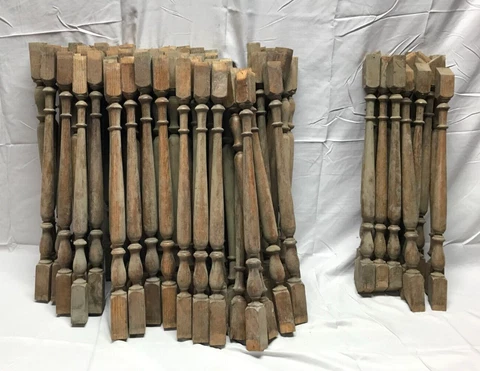 Lot of 90 Antique Vintage Chestnut Turned Wood Staircase Spindles Old 79-23B Cover