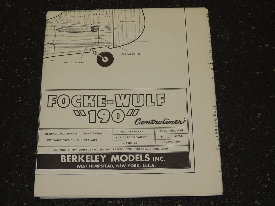 Berkeley Models Airplane Blueprints Plans 1959 Focke-Wulf 190 - Image 1 of 1