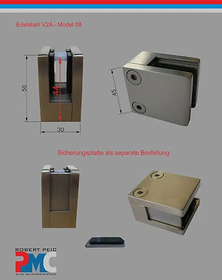 Edelstahl Inox Glashalter Glasklemme Glass Clamp V2A / Flach Eckige Form - Bild 1 von 2