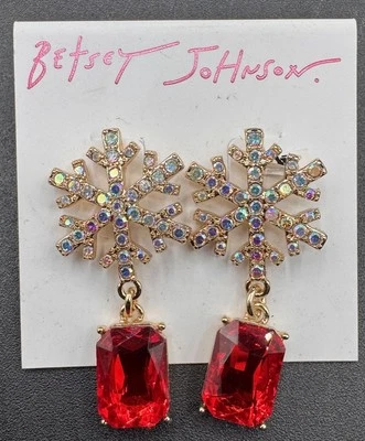 NEW Betsey Johnson Snowflake Red Kitschy Jewel Dangle Holiday Pierced Earrings - Image 1 of 4