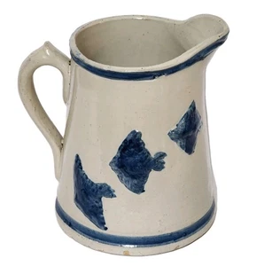 Antique White Hall Pottery Salt Glaze Pitcher Illinois 3 Cobalt Blue Birds 8.5" - Picture 1 of 18