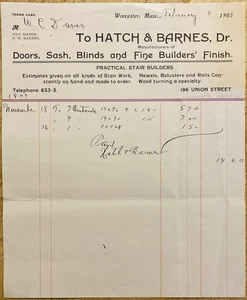 1905 BILLHEAD~HATCH & BARNES, UNION ST. WORCESTER, MASS. DOORS, SASH & BLINDS - Picture 1 of 1