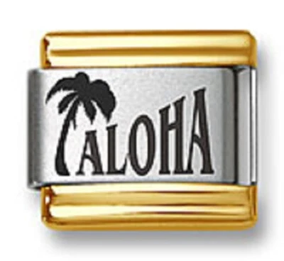 Italian Charm Bracelets Laser Aloha Palm Tree Gold Trim Stainless Steel Link 9mm - Image 1 of 2