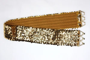 Vintage 1980s Gold Elastic Sequin Fabric Belt with Gold Metal Buckle Disco Era - Picture 1 of 9