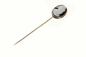 14K Carved Black Agate Cameo Oval Ornate Stick Pin Yellow Gold *34 - Picture 1 of 5