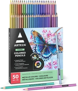 Metallic Colored Pencils, 50 Coloring Pencils, Triangular Grip, Pre-Sharpened Me - Picture 1 of 8