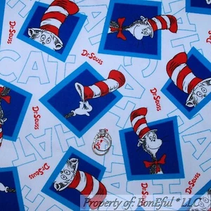 BonEful Fabric FQ Cotton Quilt White Red Blue Baby Dr Seuss Cat In Hat Book Word - Picture 1 of 10