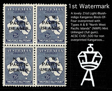 NORTH WEST PACIFIC ISLANDS (NWPI) "BLOCK OF 4” 2½d INDIGO 1st WMK KANGAROOS MUH! Cover