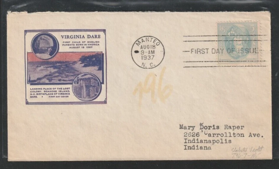 U.S. 1937 Virginia Dare 5 cent First Day Cover FDC Scott # 796 **See Pic** @ - Image 1 of 1