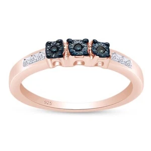 1/10 Ct Three Stone Engagement Ring Blue & White Natural Diamond Sterling Silver - Picture 1 of 10