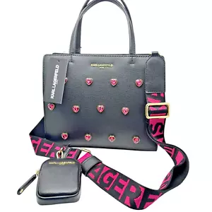 Karl Lagerfeld Neu mit Etikett Paris schwarz Maybelle Satchel Handtasche rosa Kristall Herz - Bild 1 von 20