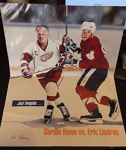 GORDIE HOWE vs ERIC LINDROS Rare JUST IMAGINE 14x11 Inch Promo POSTER Scarce HTF Cover