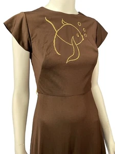 1970's Dress Maxi Brown Jersey Vintage Gold Embroidered Fish Evening Gown Sz Sm - Picture 1 of 8