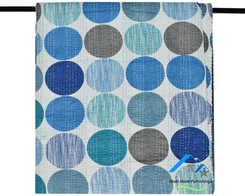 Indian Bedspread Handmade Coverlet King Size Kantha Quilt Polka Dot Print Gudari - Image 1 of 4